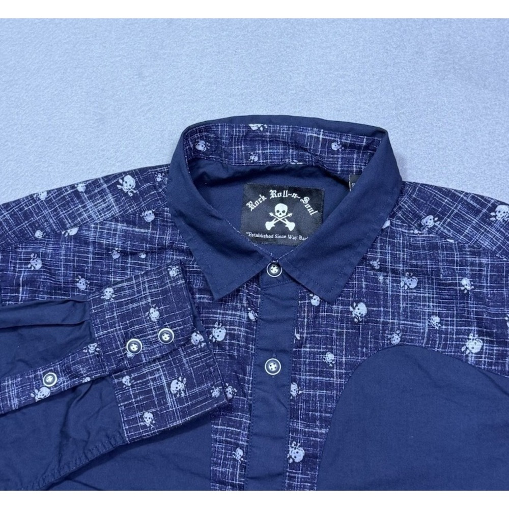 Rock Roll N Soul Shirt Mens L Skull Print Navy Cowboy Rodeo Western Yoke USA